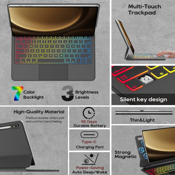 Magic Keyboard for Samsung Galaxy Tab S9 FE Plus S9 FE+ 12.4 SM-X616B SM-X610 Korean Spanish AZERT Portuguese Hebrew Keyboard - 图片 4