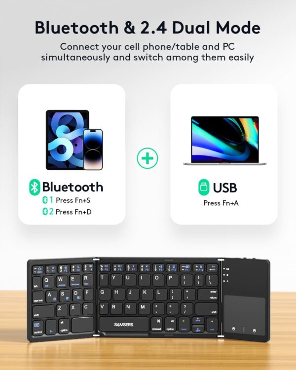 Foldable Bluetooth Keyboard with Touchpad Portable Wireless Keyboard with Stand Holder, Rechargeable Full Size Ultra Slim Pocket Folding Keyboard for Android Windows iOS Tablet & Laptop - 图片 3
