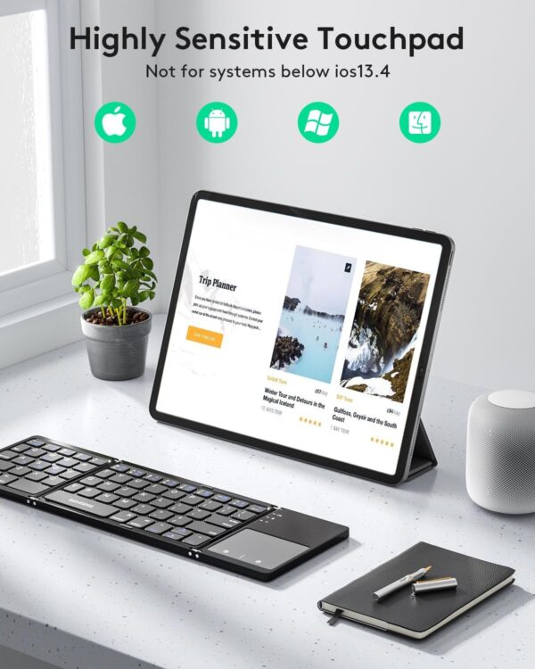 Foldable Bluetooth Keyboard with Touchpad Portable Wireless Keyboard with Stand Holder, Rechargeable Full Size Ultra Slim Pocket Folding Keyboard for Android Windows iOS Tablet & Laptop - 图片 4
