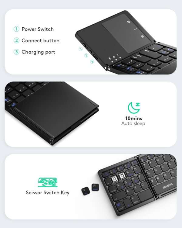 Foldable Bluetooth Keyboard with Touchpad Portable Wireless Keyboard with Stand Holder, Rechargeable Full Size Ultra Slim Pocket Folding Keyboard for Android Windows iOS Tablet & Laptop - 图片 7