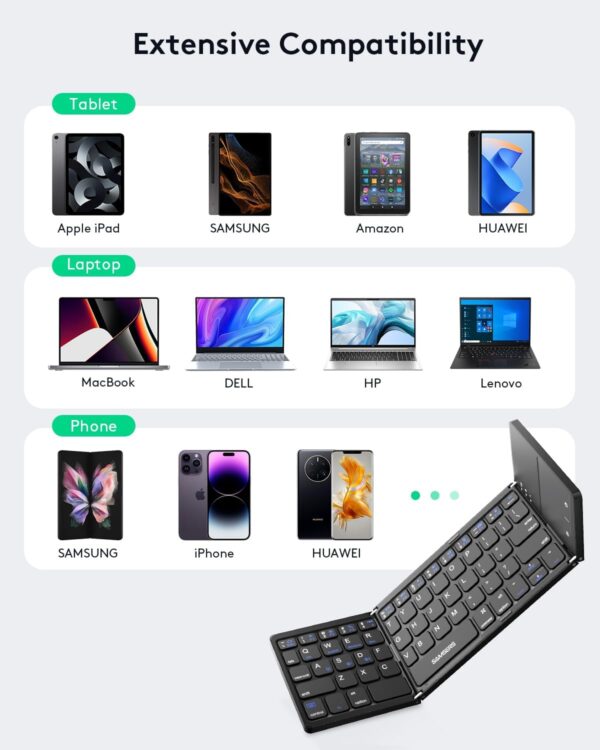 Foldable Bluetooth Keyboard with Touchpad Portable Wireless Keyboard with Stand Holder, Rechargeable Full Size Ultra Slim Pocket Folding Keyboard for Android Windows iOS Tablet & Laptop - 图片 9
