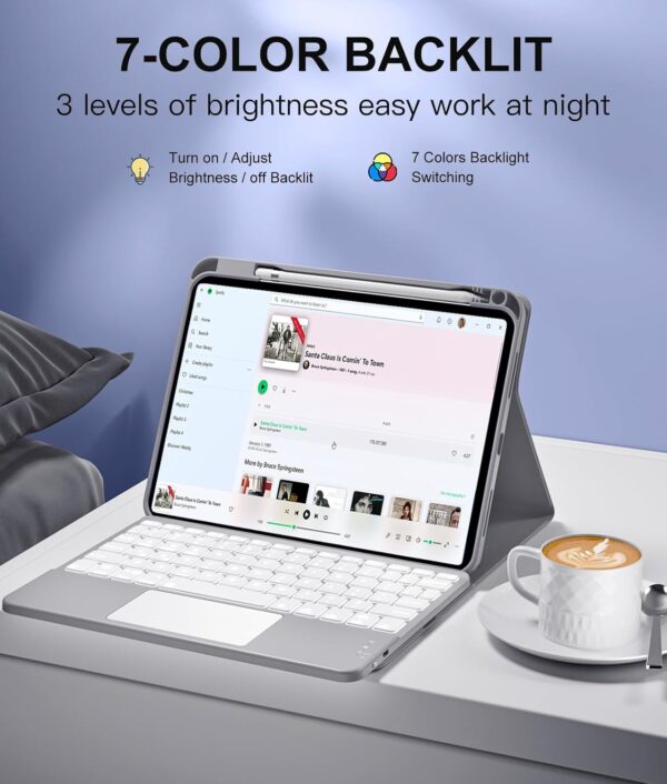 TouchPad Backlit Keyboard Case for iPad 10.2 7th 8th 9th Air 2 3 4th 5th 6th Pro 10.5 2017 10th Gen 10.9 2022 9.7 Pro 11 2024 Pro 11 2018-2022 Custom Korean AZERTY Spanish Cover Shell Pen Slot - 图片 6