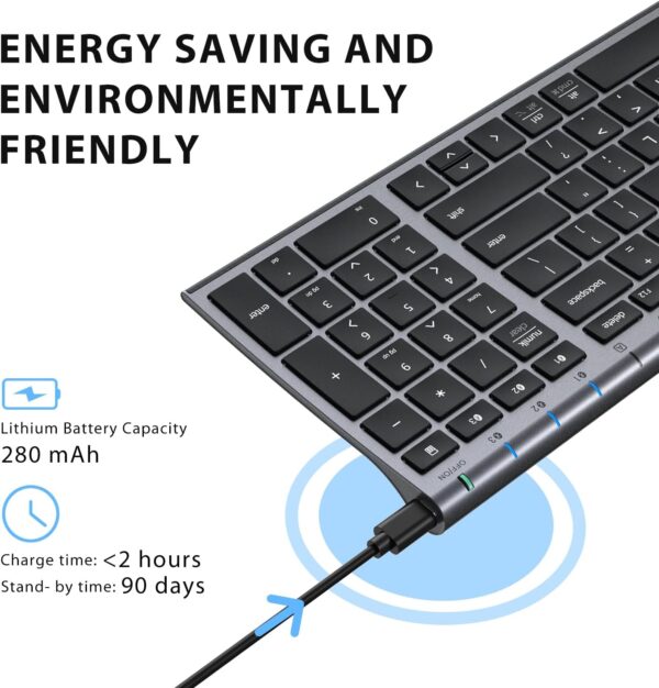 Bluetooth Keyboard, Keyboard USB-C Rechargeable Bluetooth 5.1 with Number iPad Ergonomic Design Full Size Stable Connection Keyboard for iPad, iPhone, Mac, iOS, Android, Windows - 图片 10