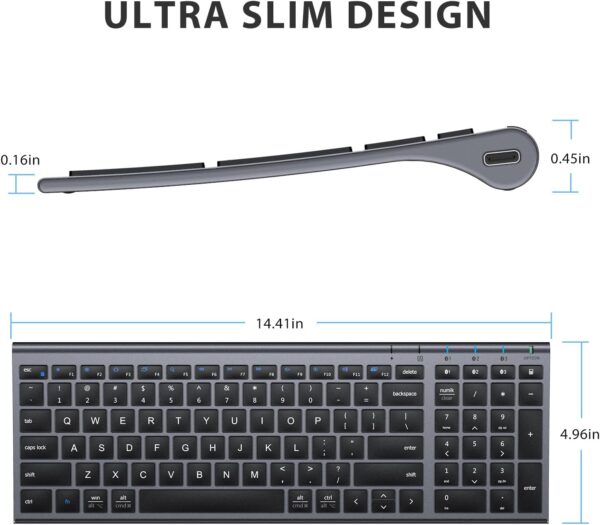 Bluetooth Keyboard, Keyboard USB-C Rechargeable Bluetooth 5.1 with Number iPad Ergonomic Design Full Size Stable Connection Keyboard for iPad, iPhone, Mac, iOS, Android, Windows - 图片 13
