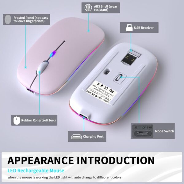 Wireless Bluetooth Mouse, Rechargeable LED Dual Mode Mouse Bluetooth 5.2 and USB Receiver Portable Silent Mouse,for Laptop/Desktop/Tablet - 图片 6