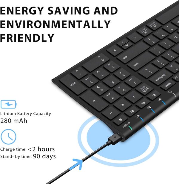 Bluetooth Keyboard, Keyboard USB-C Rechargeable Bluetooth 5.1 with Number iPad Ergonomic Design Full Size Stable Connection Keyboard for iPad, iPhone, Mac, iOS, Android, Windows - 图片 4